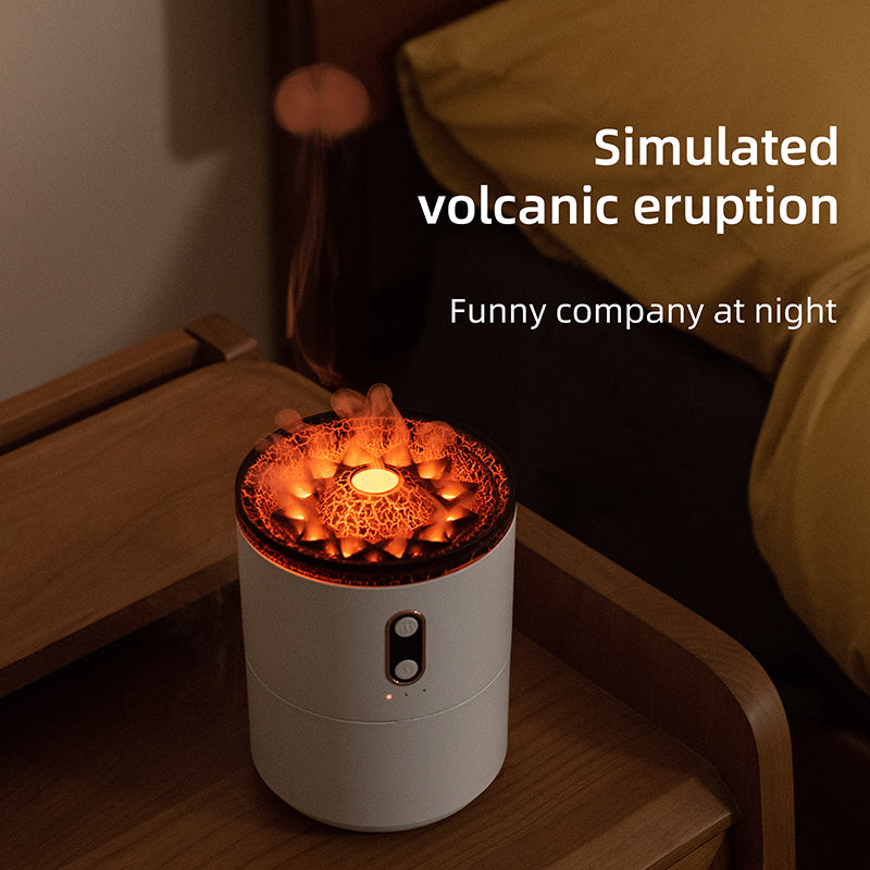 Aroma diffuser humidifier, white cylinder with orange lava glow on a nightstand