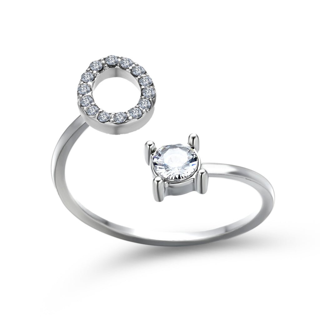 Silver adjustable initial letter ring with circular pave setting and oval center stone.