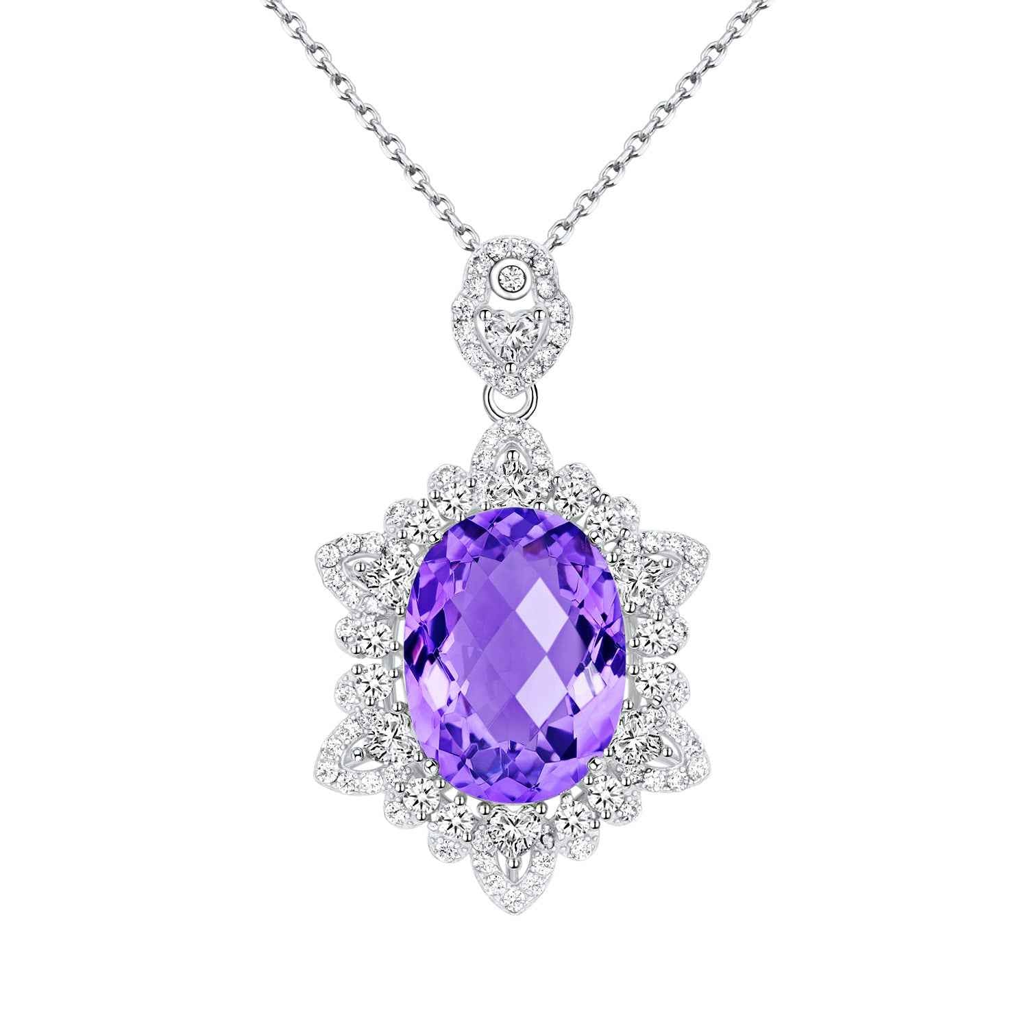 925 silver amethyst pendant necklace with large purple gemstone and clustered diamond halo