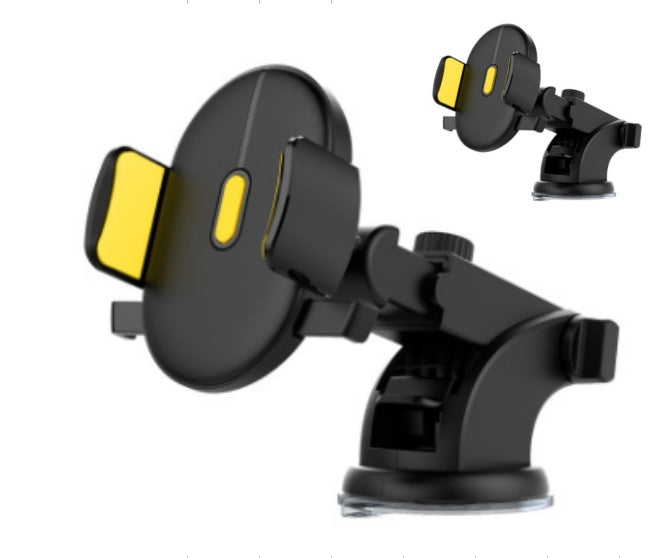 Black car phone holder with side clamp pads and adjustable arm, yellow accents