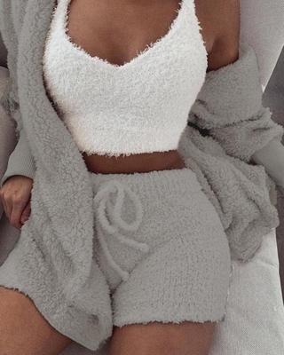 3-piece fuzzy lounge set with cropped tank, drawstring shorts, and wrap top, gray