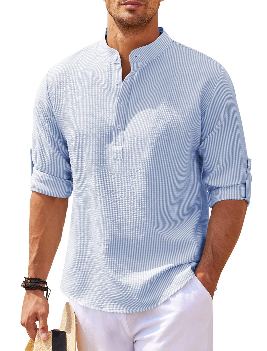Men's long-sleeve stand-collar shirt in light blue, button placket