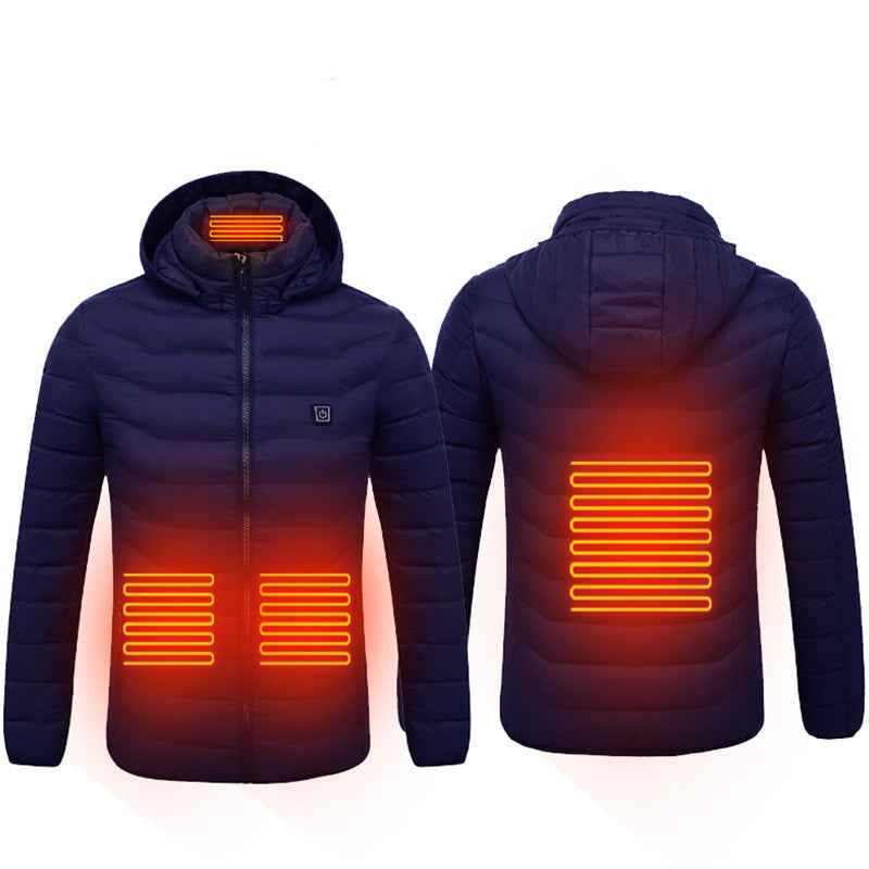 Dark blue heated puffer jacket with glowing chest and back heater bars