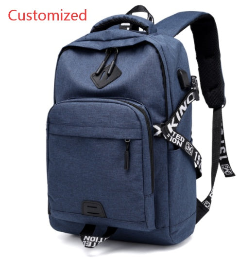 Blue USB laptop backpack with front zip pocket, top handle, and padded shoulder straps