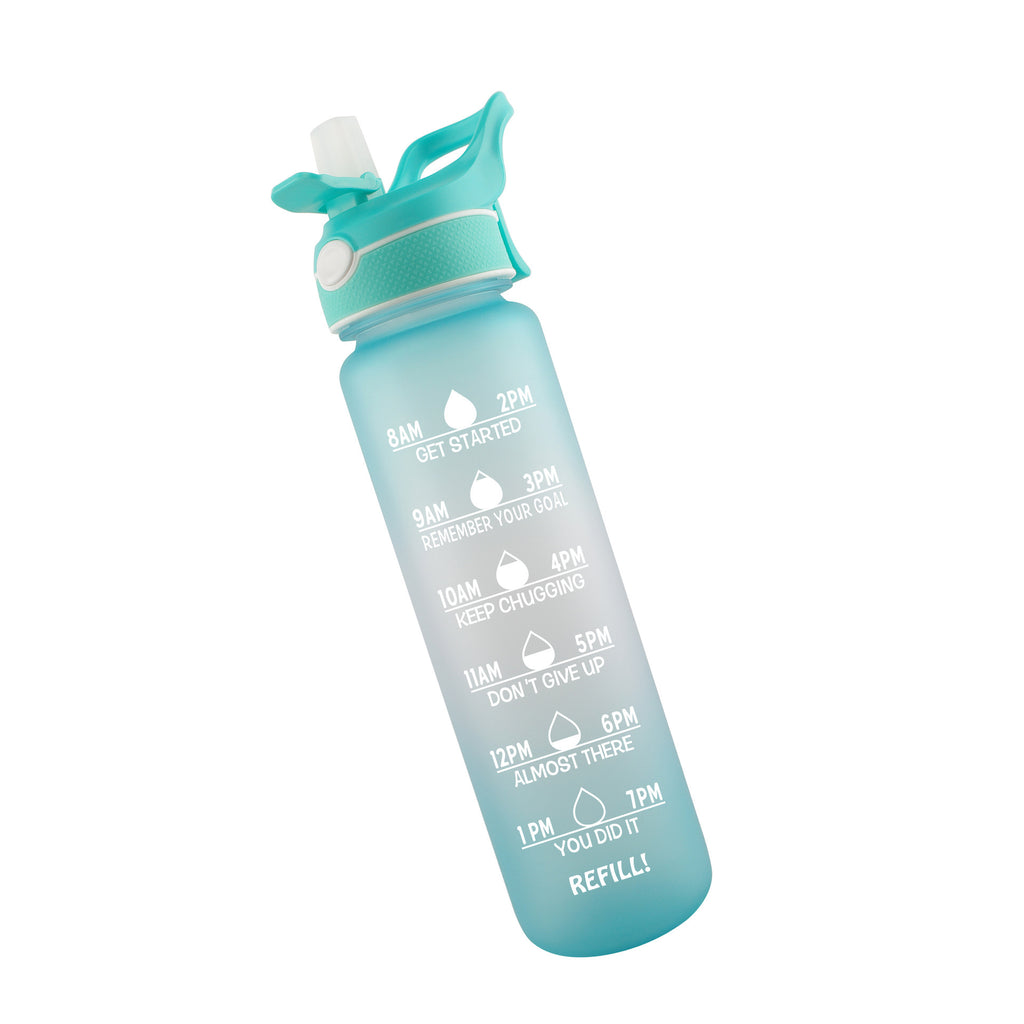 Turquoise water bottle with straw, printed schedule and refill
