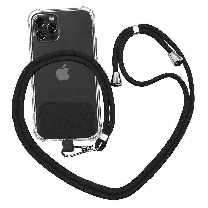 Phone lanyard strap with black rope and metal clips for holding a phone