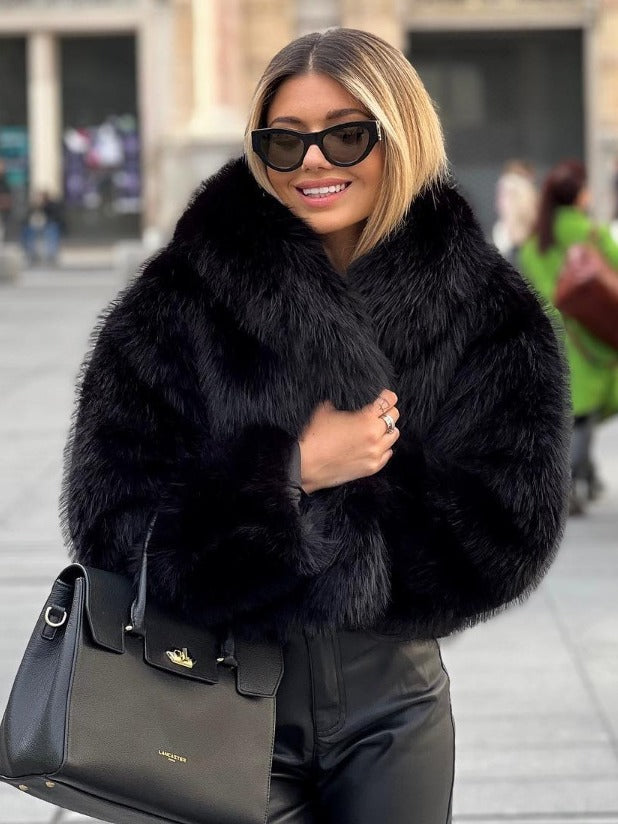 Winter plush faux fur coat with shawl collar, long sleeves, black, front open