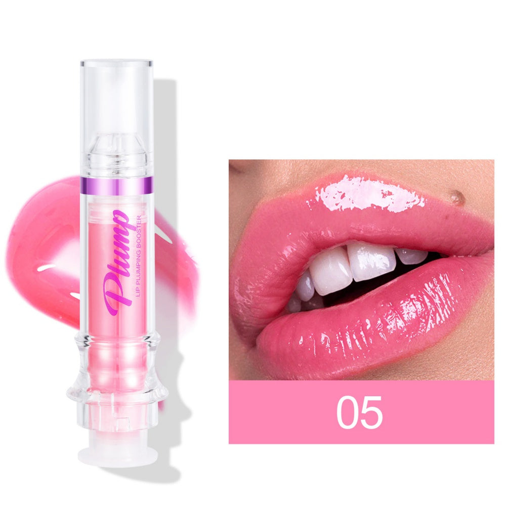 Lip plumping booster lip gloss tube with applicator and lip swatch, shade 05