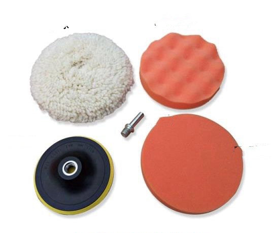 Electric drill cleaning brush pad set with white, orange, and black circular pads