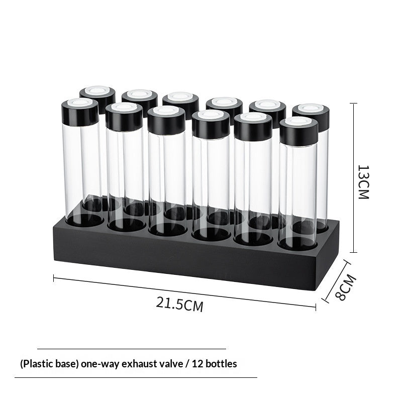Bottle display rack for 12 bottles: clear tubes with black caps on a plastic base.