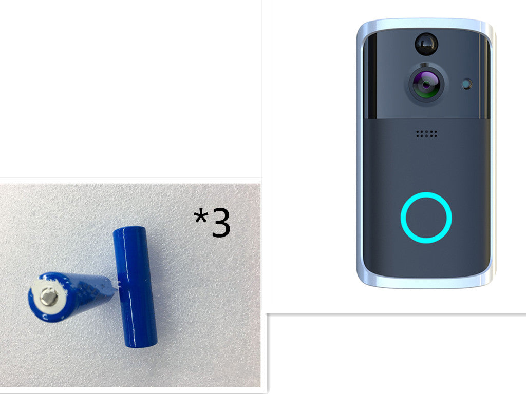 Silver WiFi video doorbell camera and three blue wall anchors for mounting