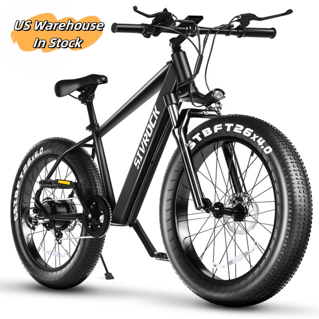 Black electric fat-tire e-bike with front suspension and 26x4.0 tires, side view