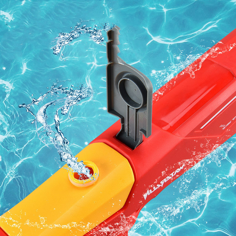 Red and yellow automatic water gun toy with gray water outlet spraying from top.