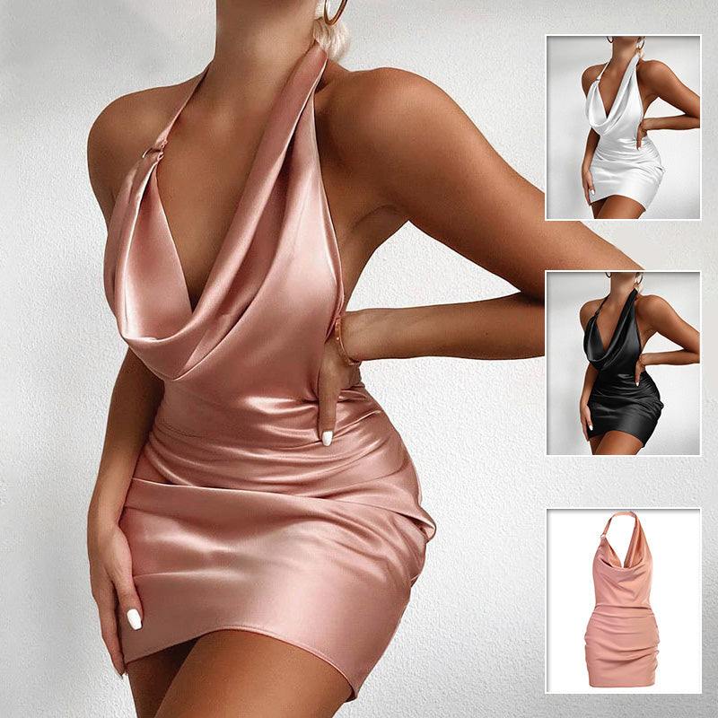 Satin party dress, sleeveless mini V-neck backless with draped cowl, pink side view