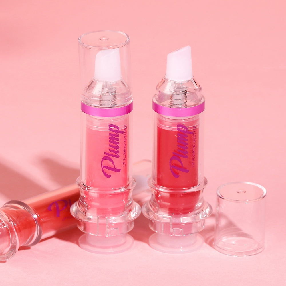 Lip plumping booster lip gloss tubes with clear caps, two colors and open top caps