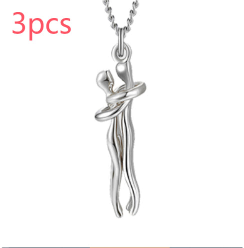 Silver-tone hug pendant necklace with dual linked chain styles, unisex.