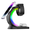 Magnetic wireless charger stand in black with RGB ring light and phone, watch, earbuds charging pads