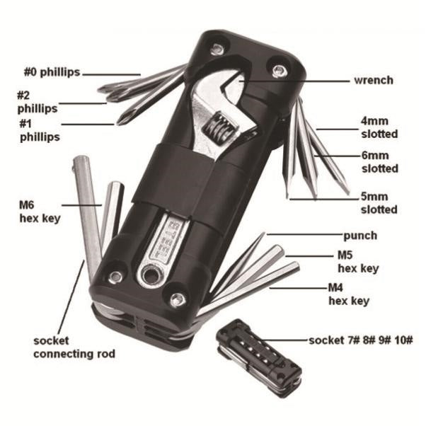 Portable tool set layout showing hex keys, slotted bits, sockets, and punch