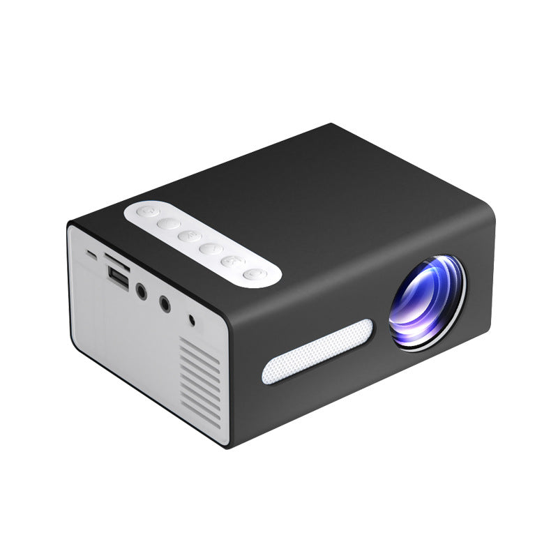 Black mini projector angled view with lens, speaker grille, and top remote buttons