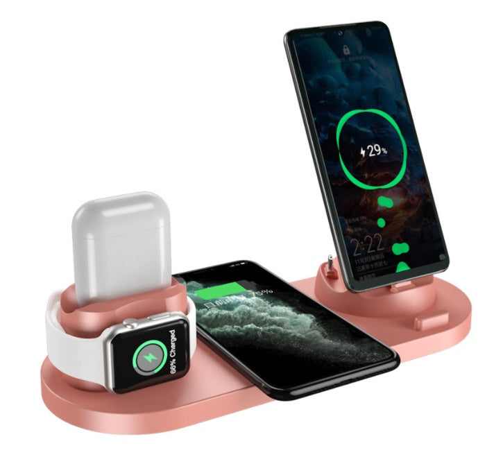 Wireless charging dock with phone and watch stands, pink base and white charging pod