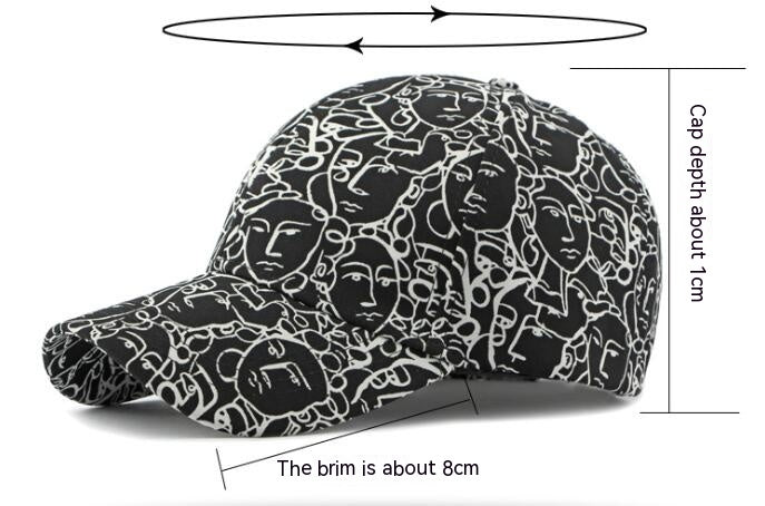 Black retro peaked cap with white face graffiti line pattern and curved brim