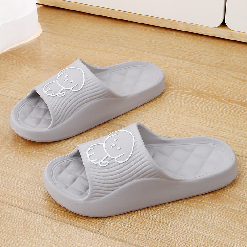 Light grey cartoon dog slide slippers with open toe and quilted tread sole