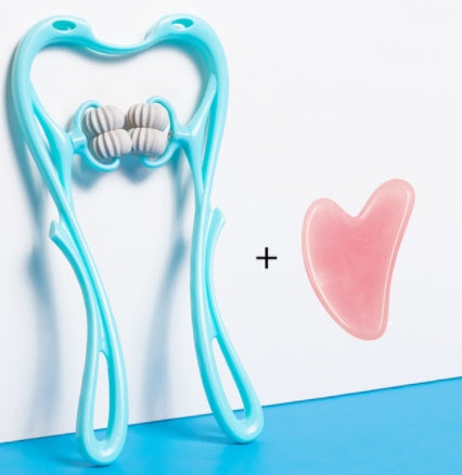 Light blue neck massager roller with 4 rolling discs and includes a pink C-shaped pad