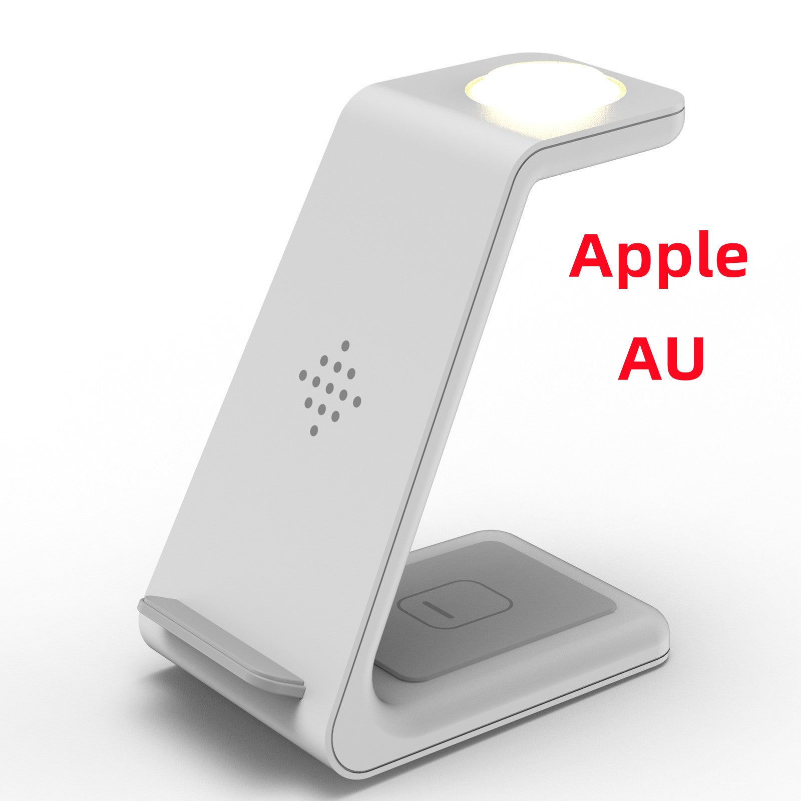White wireless charger stand with phone cradle and circular top charging pad