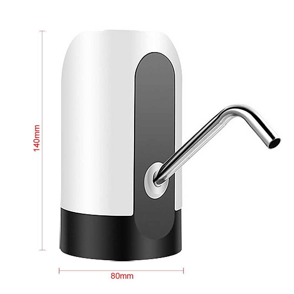 Automatic electric water bottle pump dimensions shown: 80mm wide and 140mm tall, white and black