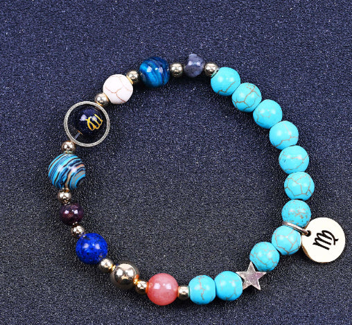 Turquoise beaded bracelet with mixed gemstone beads and round zodiac charm disk, star accent