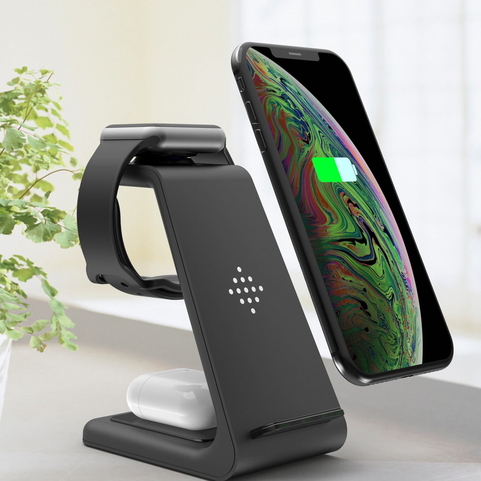 Wireless phone charger stand with adjustable cradle, dark finish, LED indicator dots.