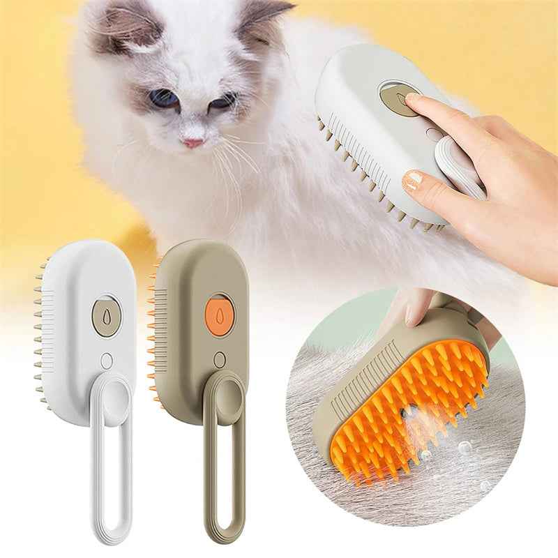 White electric pet steam brush with orange heated bristles and handle, used on cat fur.