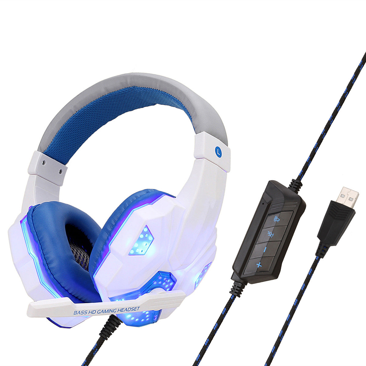 White and blue over-ear headphones with LED earcups and wired controller