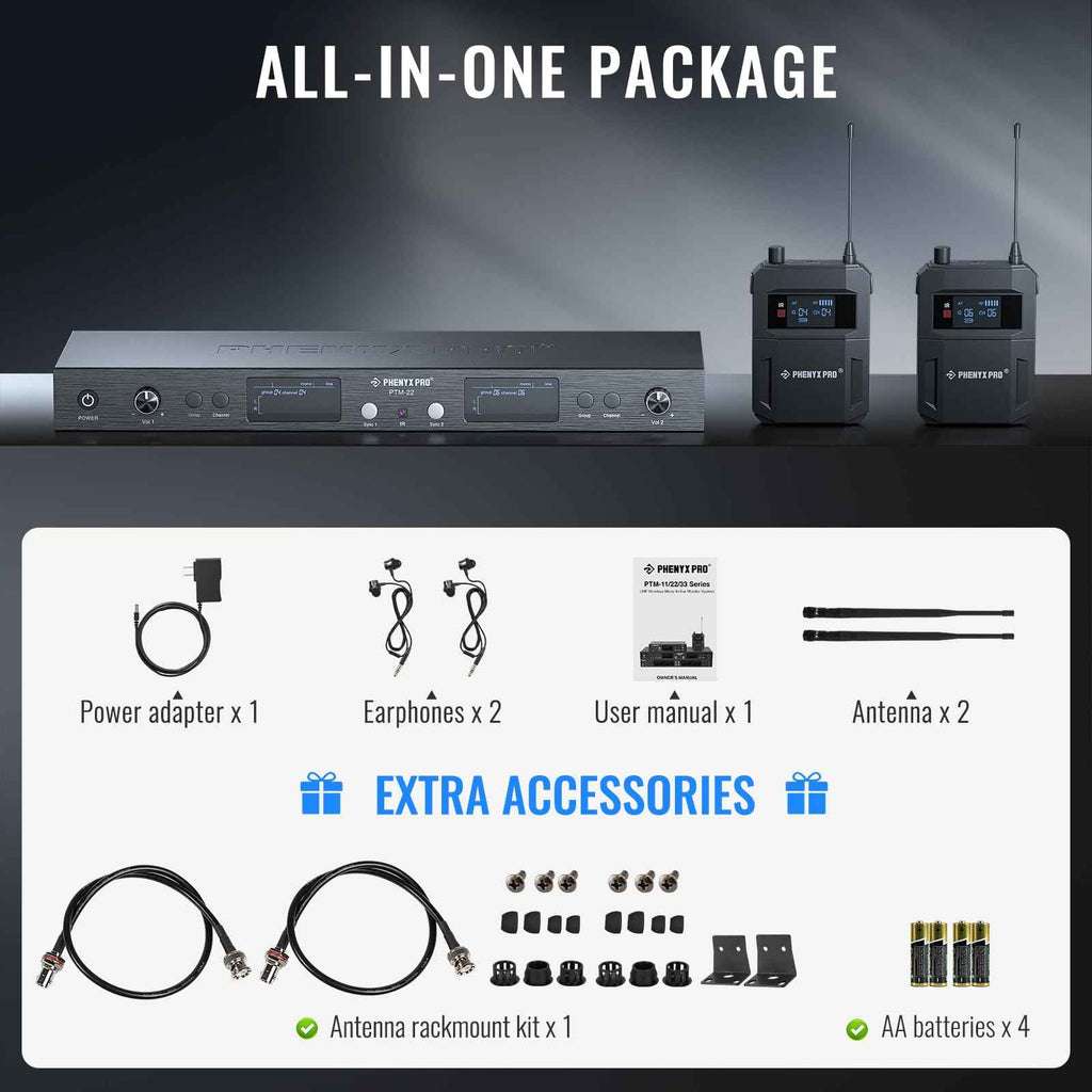 Phenyx Pro all-in-one wireless in-ear monitor package with transmitter, receivers, and antennas