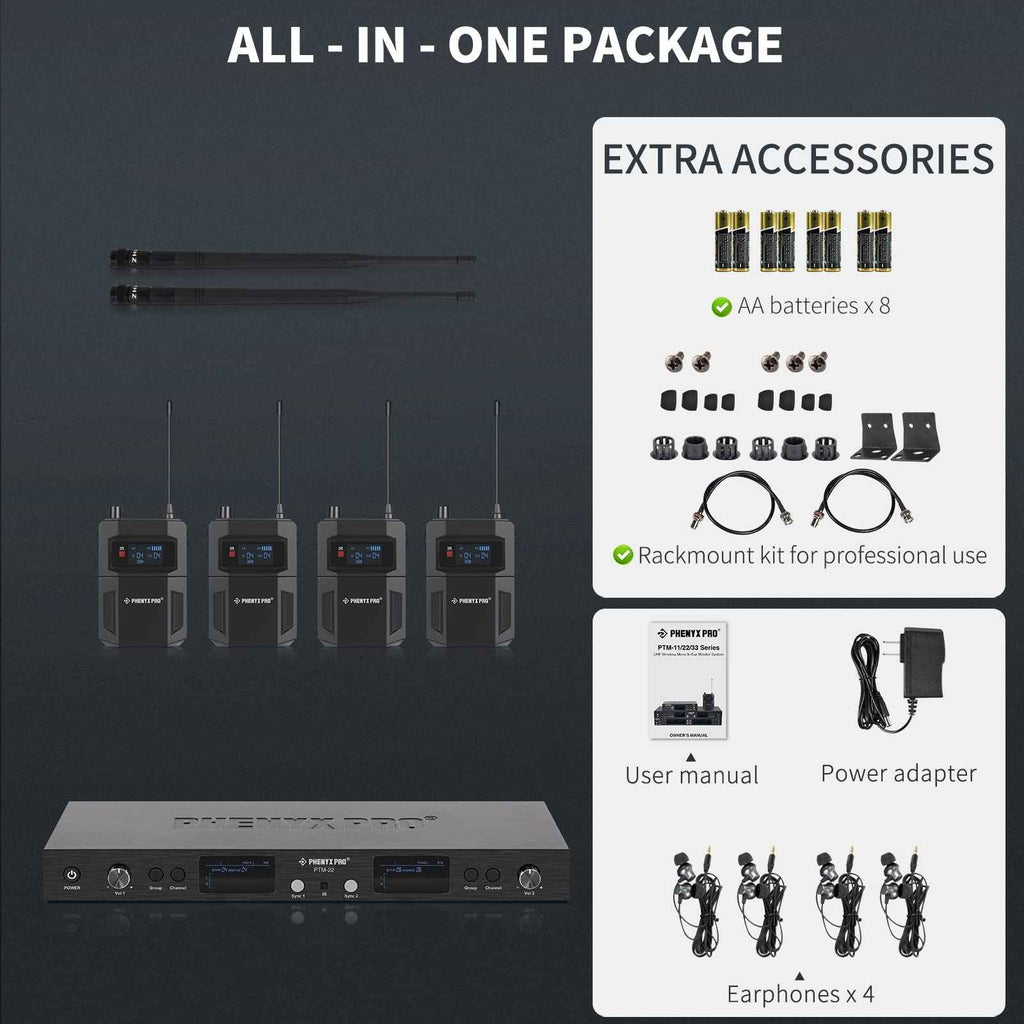 Wireless in-ear monitor system package with rack unit, earbuds, antennas, and power adapter