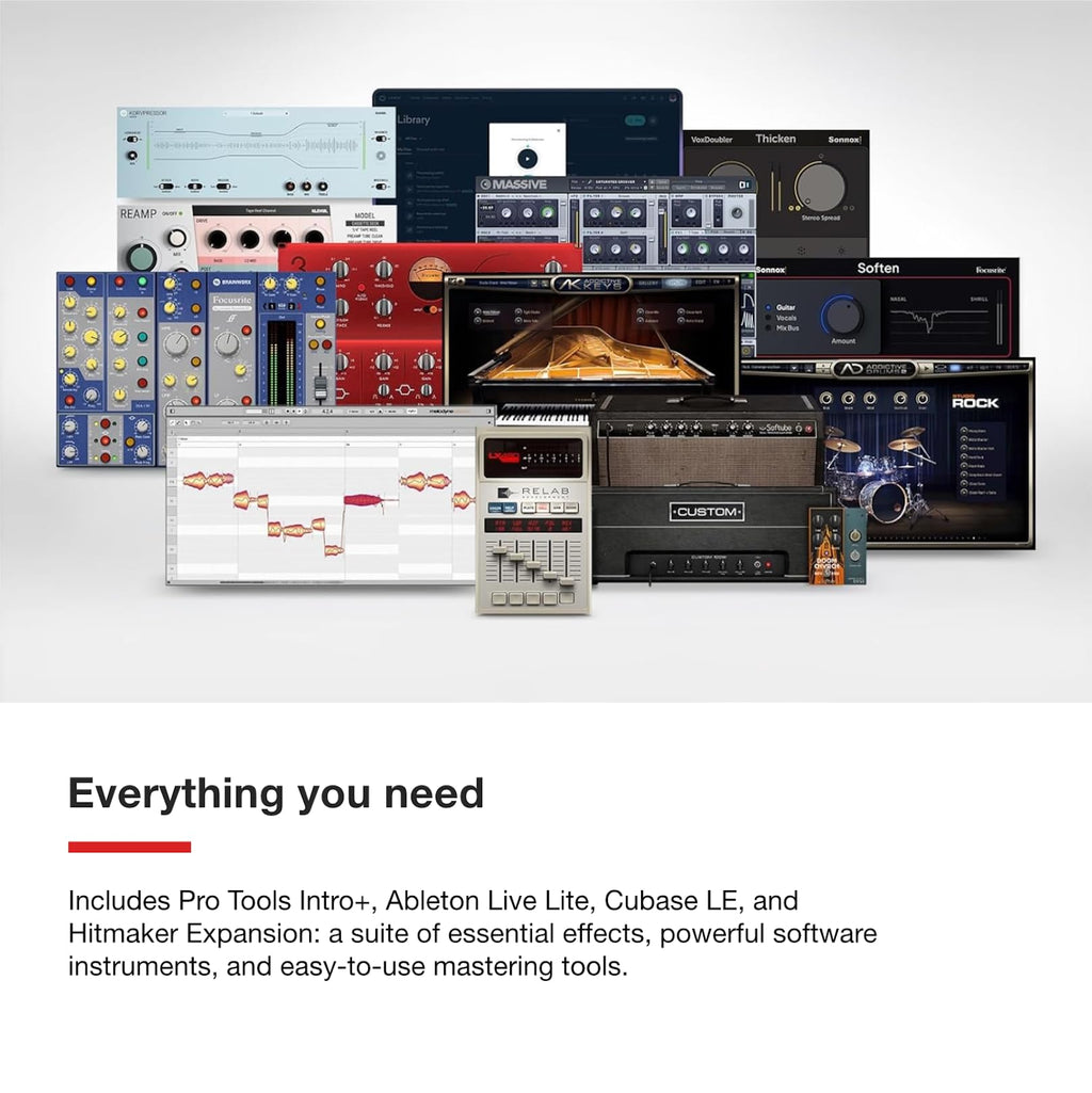 Focusrite Scarlett USB audio interface with mixing software screens and controls