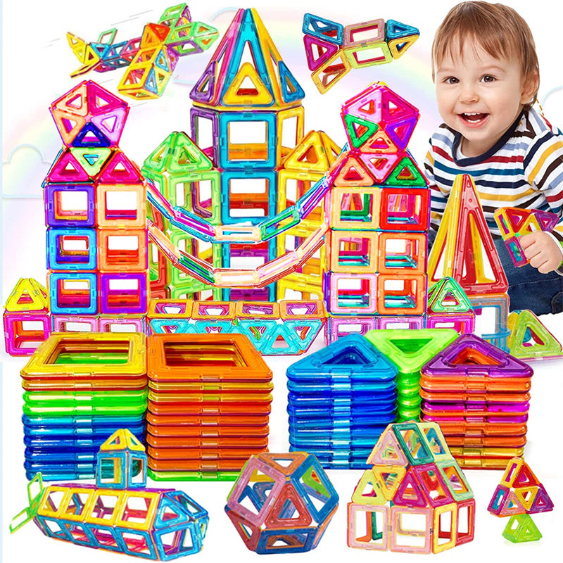 Magnetic building blocks set with colorful square, triangle, and house pieces