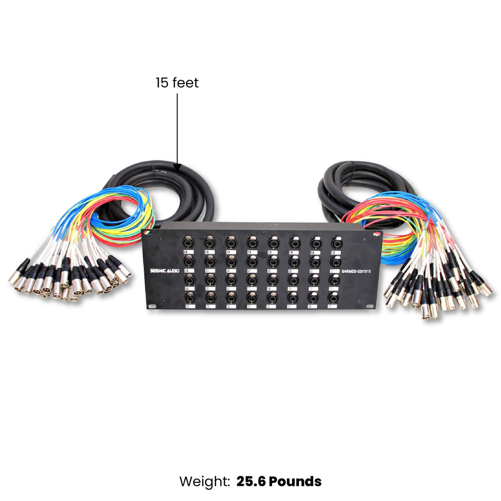 Audio splitter snake cable stage box with two cable trunks and multiple XLR connector ends