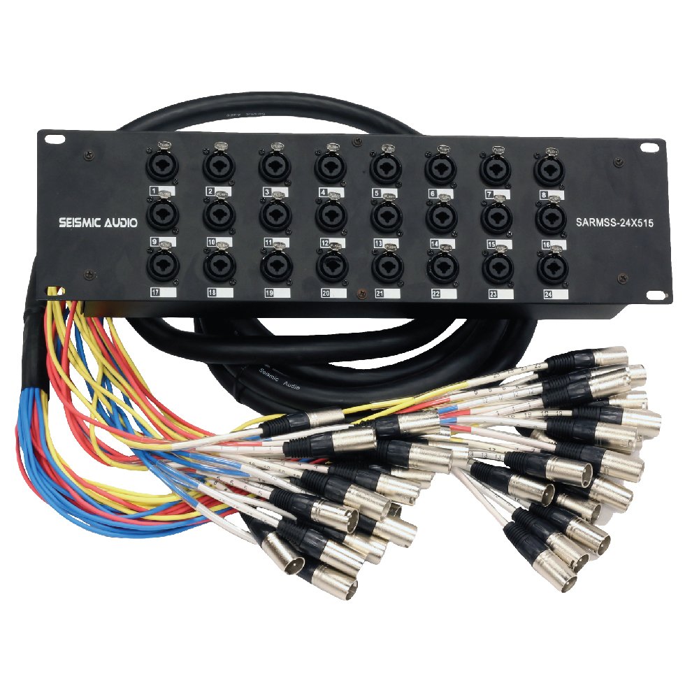 16-channel XLR/TRS combo splitter rack panel with front ports and hanging cable bundle