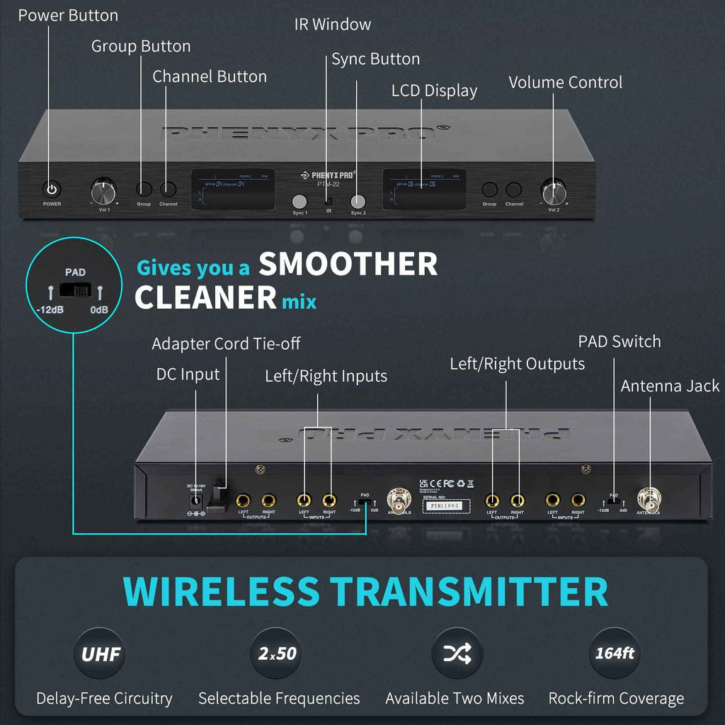 Black wireless in-ear monitor unit with LCD display and volume controls