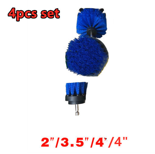 Electric drill brush set with blue scrub pads and small bristle attachment