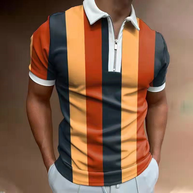 Men’s polo shirt with orange, navy, and vertical stripe pattern; short sleeves, zip neck.