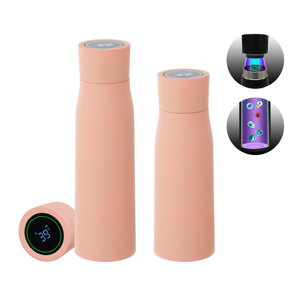 Pink insulated thermal water bottle tumbler set with smart temperature display module