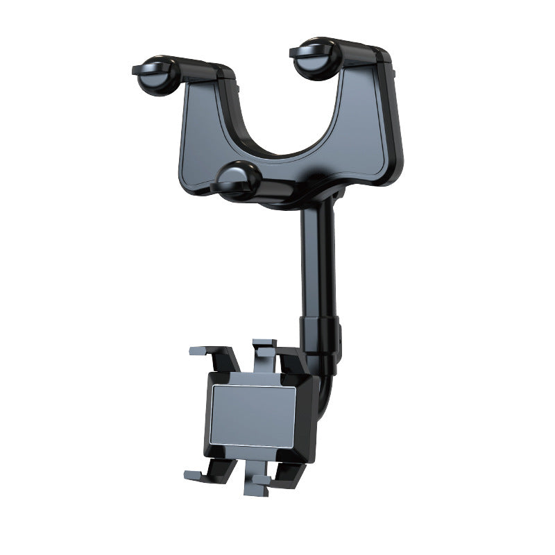 Rearview mirror phone holder with U-shaped clamp and retractable arm, black