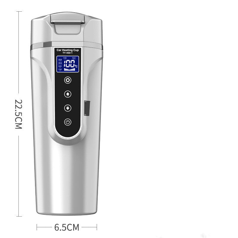 White heated car cup with digital display and height measurement markings