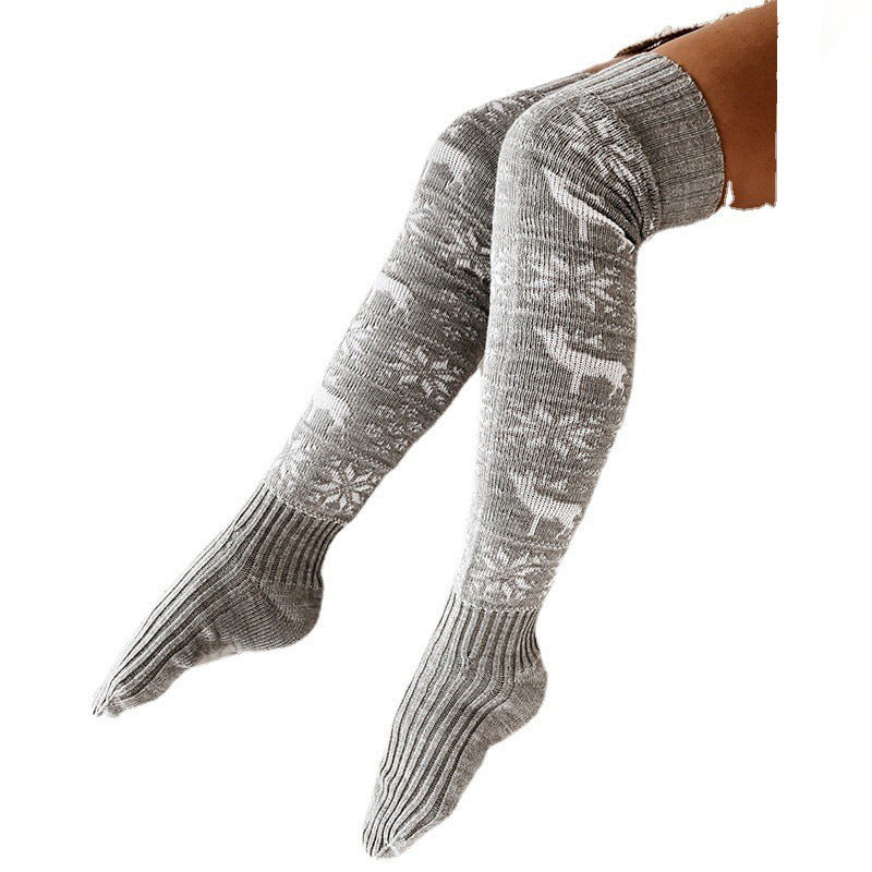 Gray over-the-knee knitted socks with reindeer and snowflake jacquard pattern