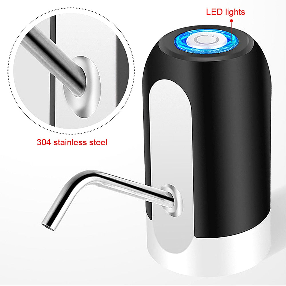 Automatic electric water bottle pump with LED lights and curved metal spout, black and white