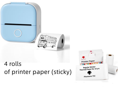 Portable mini thermal label printer with blue body, sample label roll, and paper pack