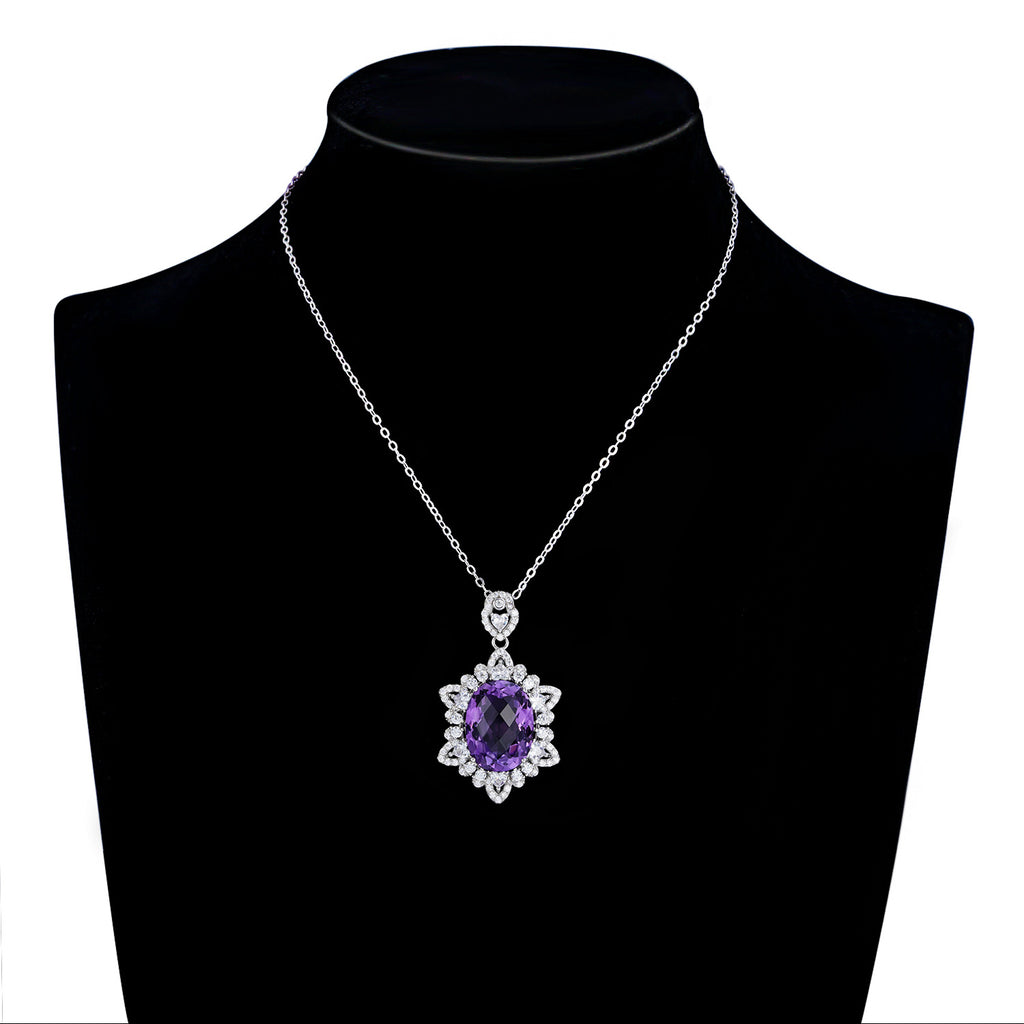 925 silver amethyst pendant necklace with purple center stone and diamond halo flower