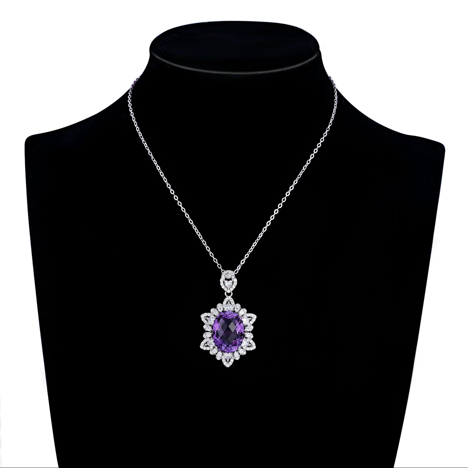 925 silver amethyst pendant necklace with purple center stone and diamond halo flower